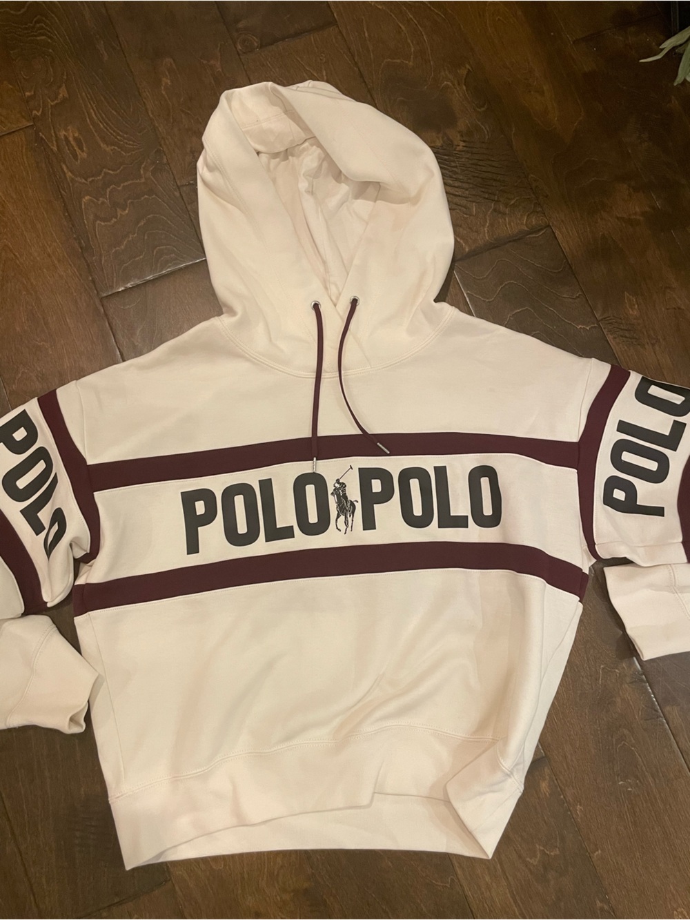 Polo by Ralph Lauren Cream Hoodie with Burgundy Stripes. Matching Pants availabl